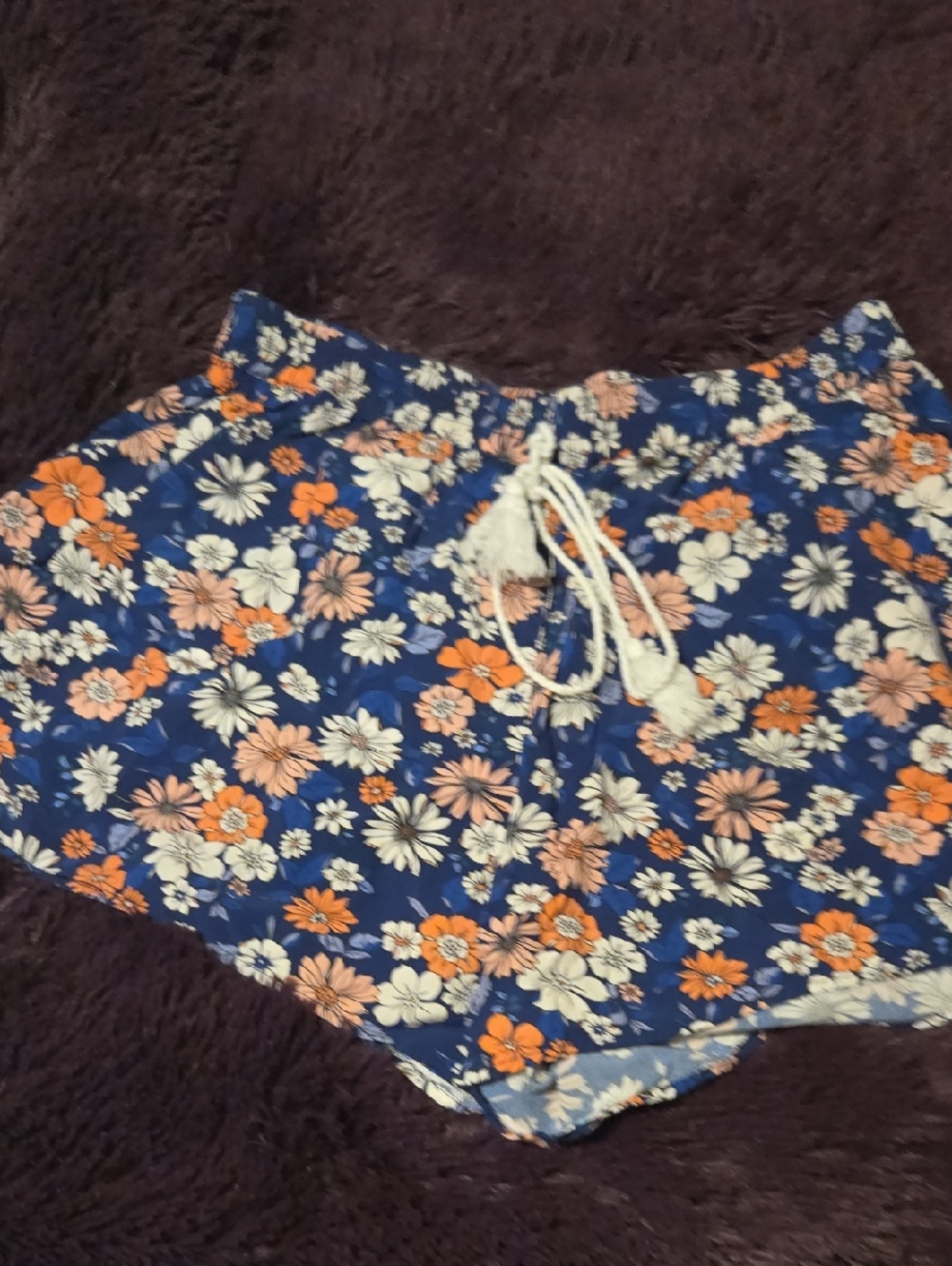 Navy Floral Drawstring Shorts - Orange & White Flowers